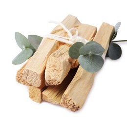 Photo of Palo santo sticks and eucalyptus branches isolated on white