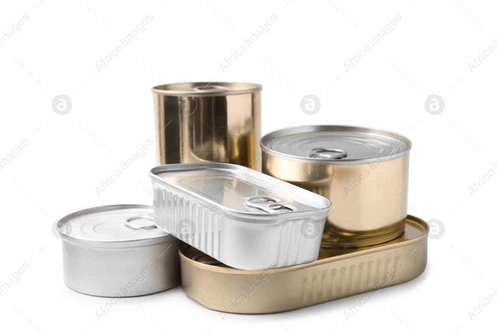 Photo of Many closed tin cans isolated on white