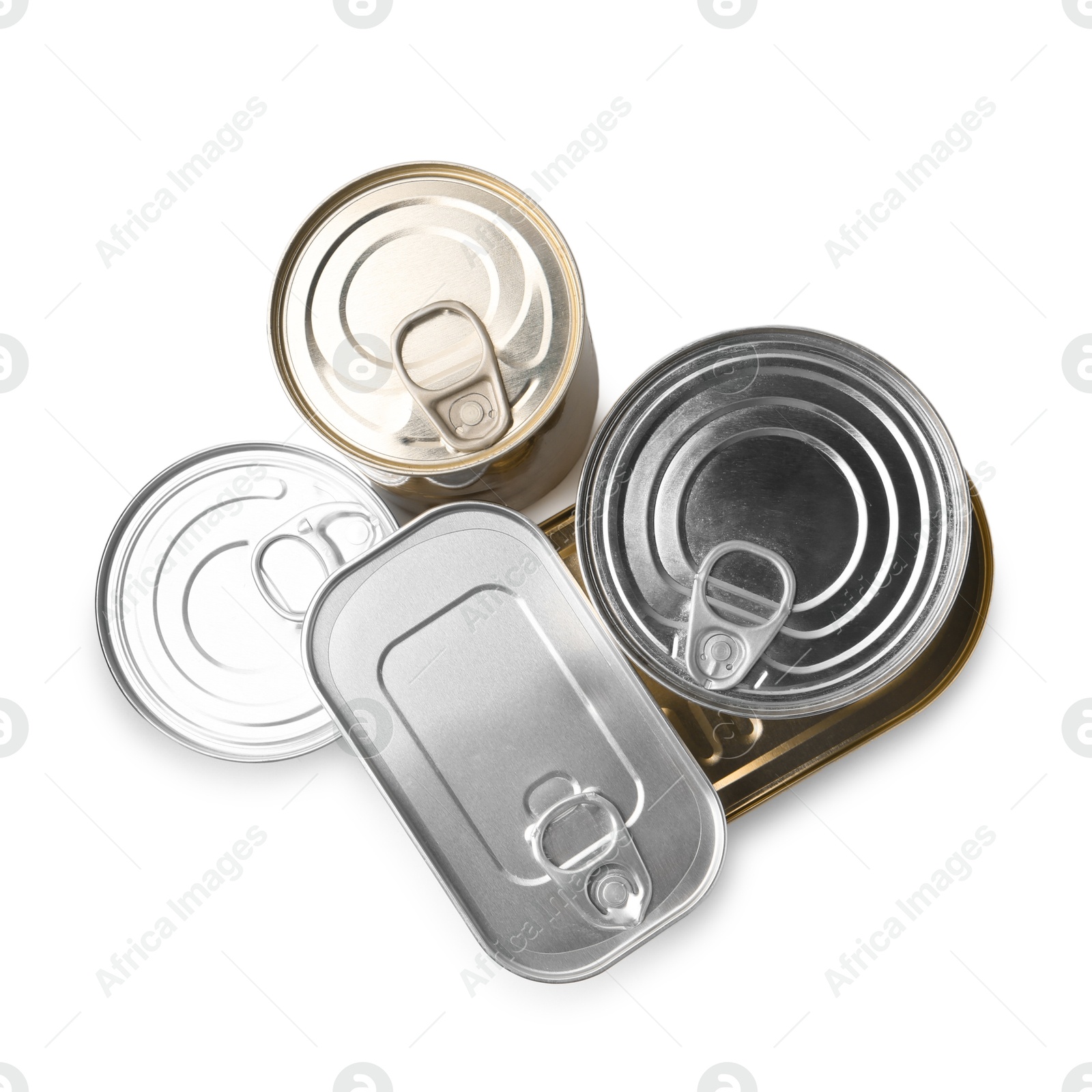 Photo of Many closed tin cans isolated on white, top view