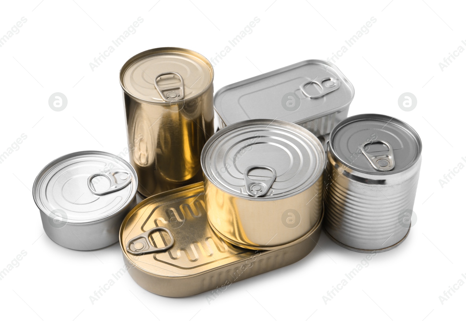 Photo of Many closed tin cans isolated on white