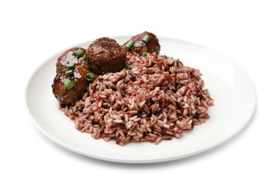 Photo of Tasty meatballs with sauce and brown rice isolated on white