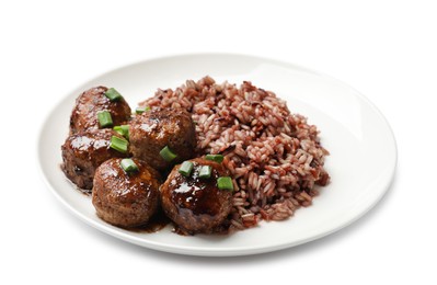 Photo of Tasty meatballs with sauce and brown rice isolated on white