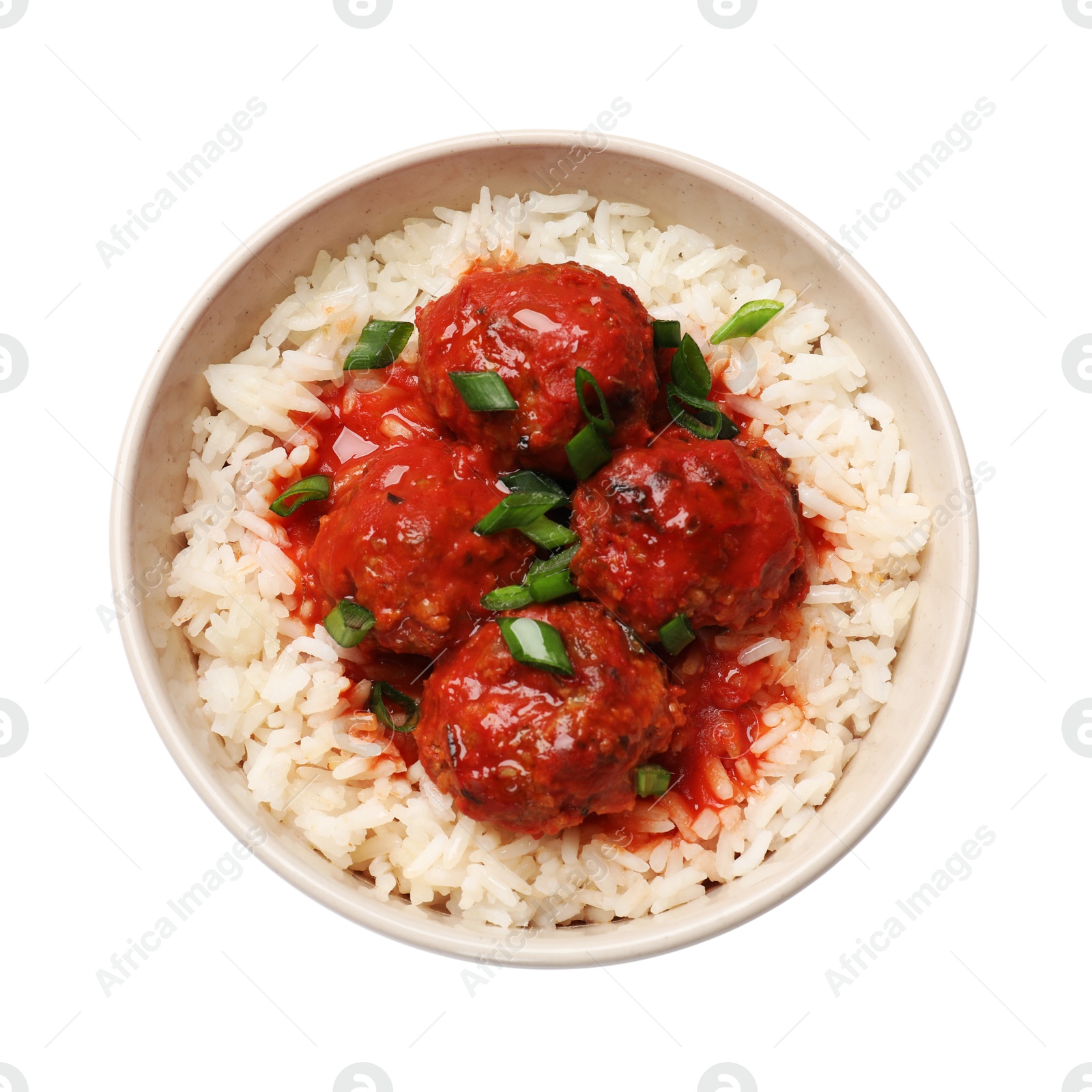 Photo of Tasty meatballs with sauce and rice isolated on white, top view