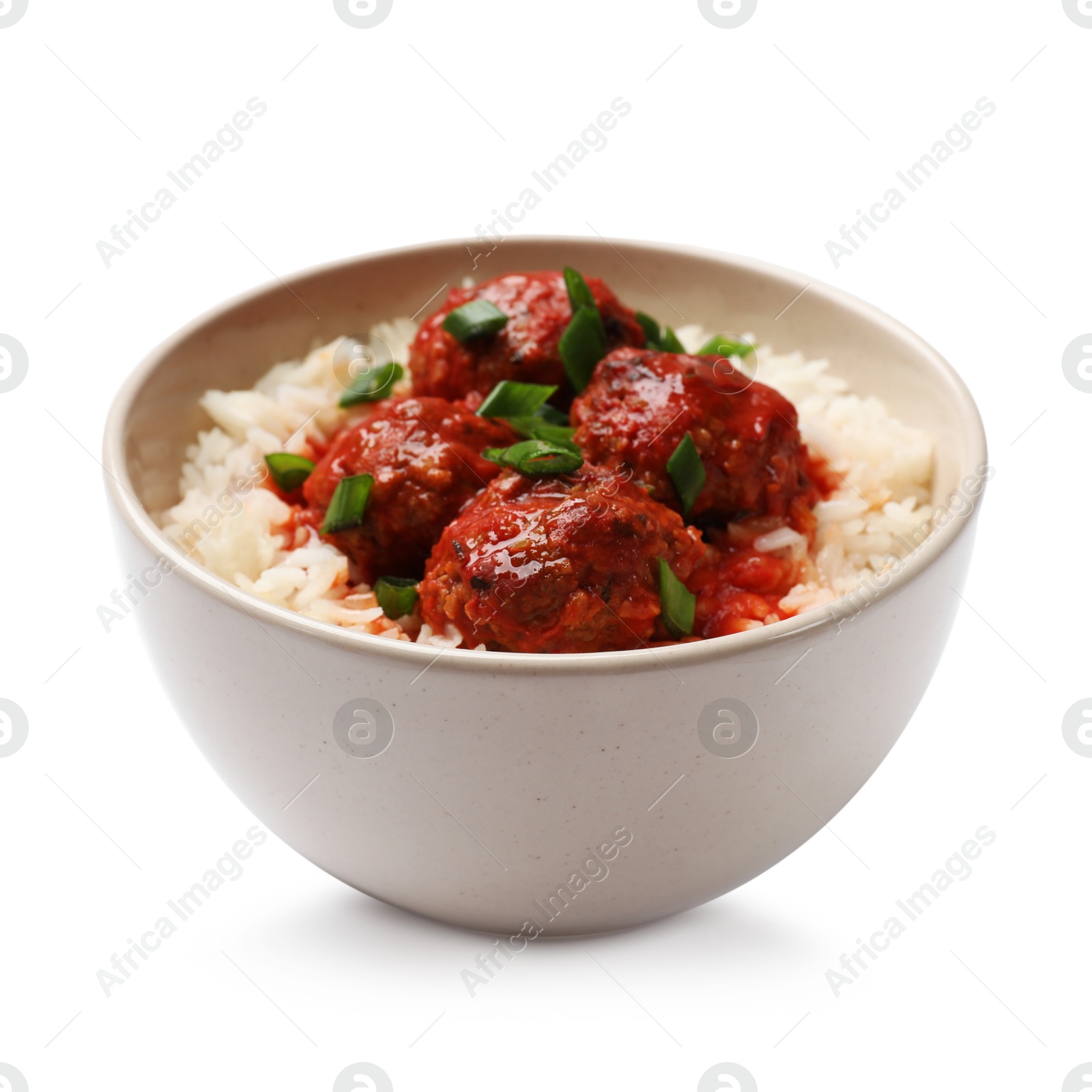 Photo of Tasty meatballs with sauce and rice isolated on white