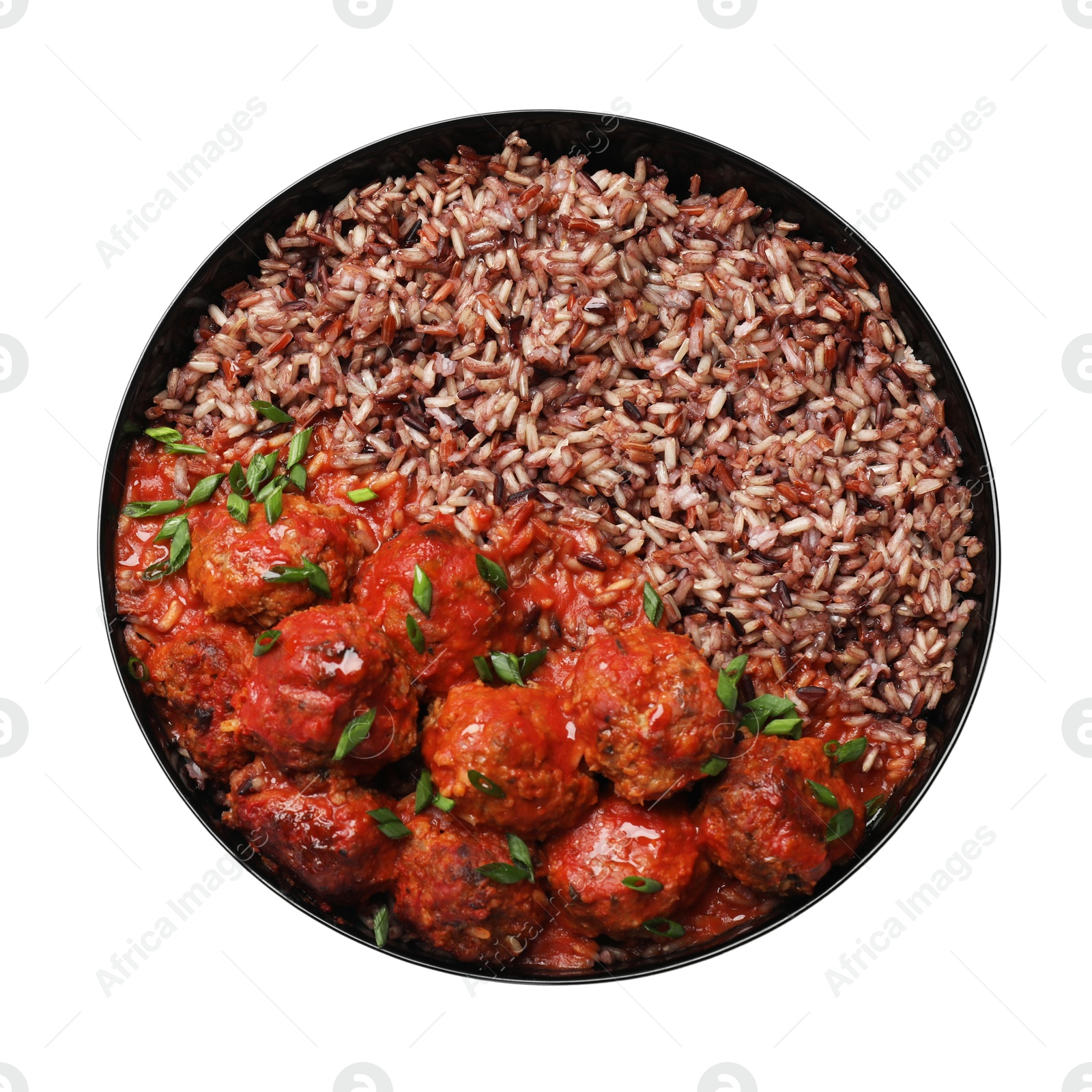 Photo of Tasty meatballs with sauce and brown rice isolated on white, top view