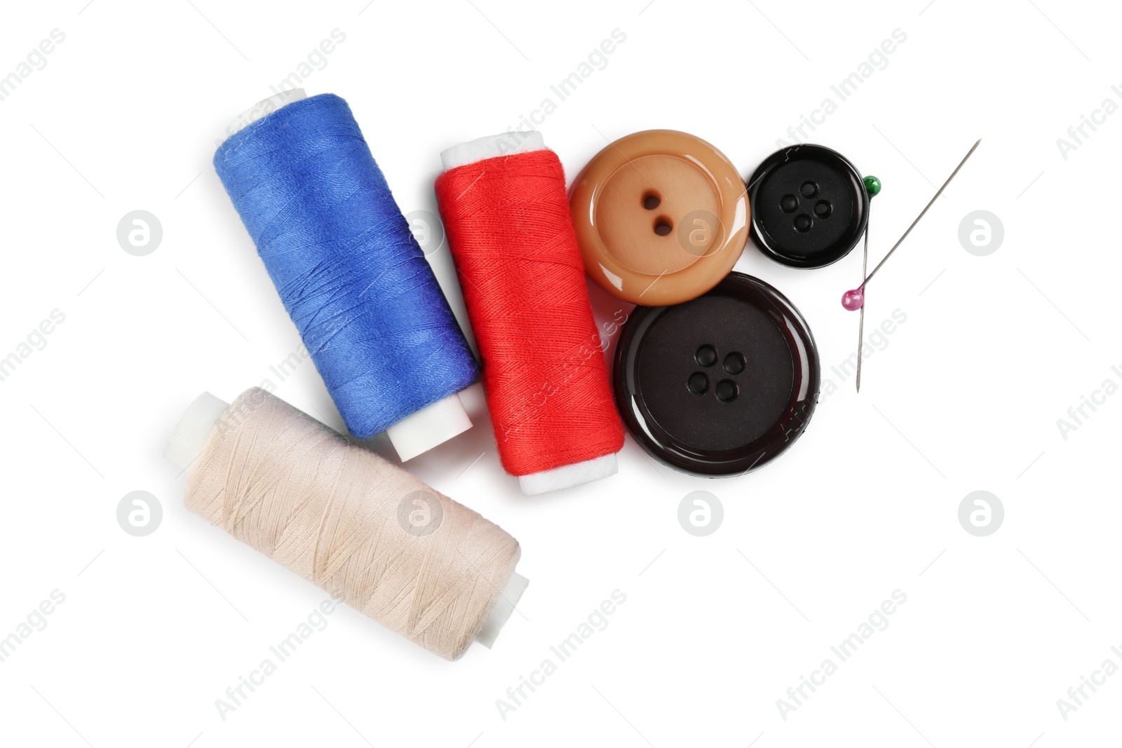 Photo of Different sewing supplies isolated on white, top view