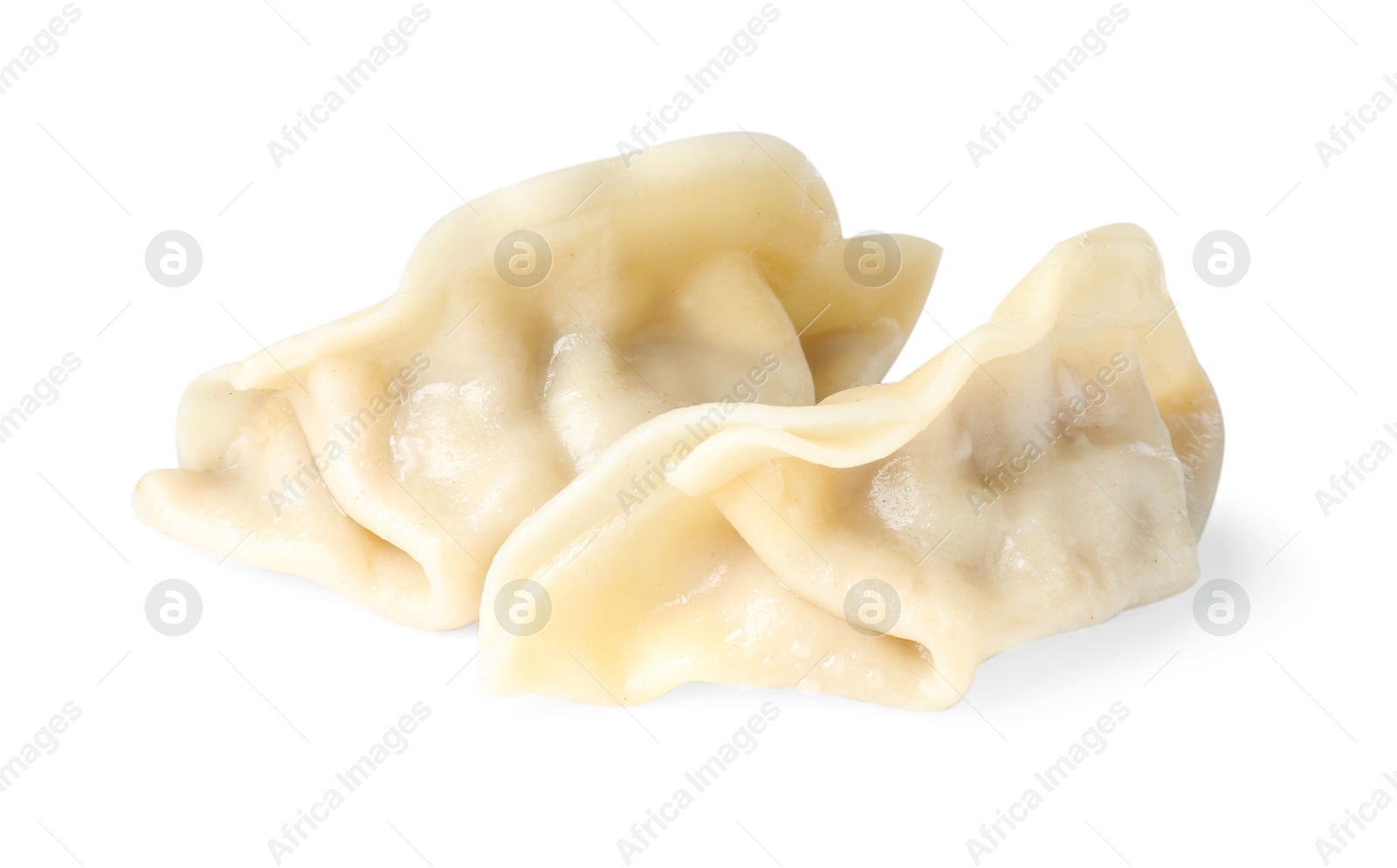 Photo of Tasty boiled gyoza (dumplings) isolated on white