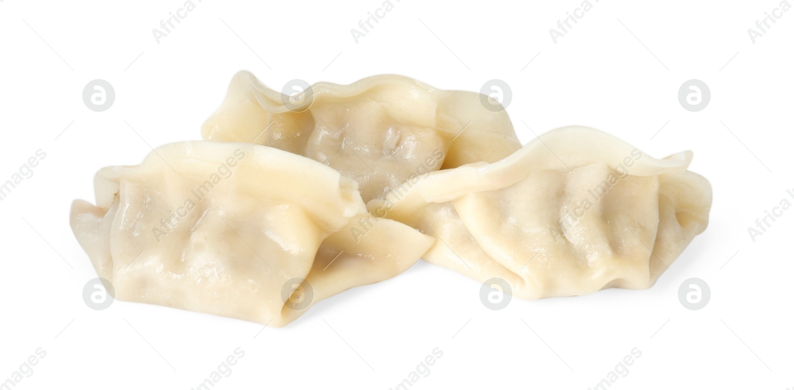 Photo of Tasty boiled gyoza (dumplings) isolated on white