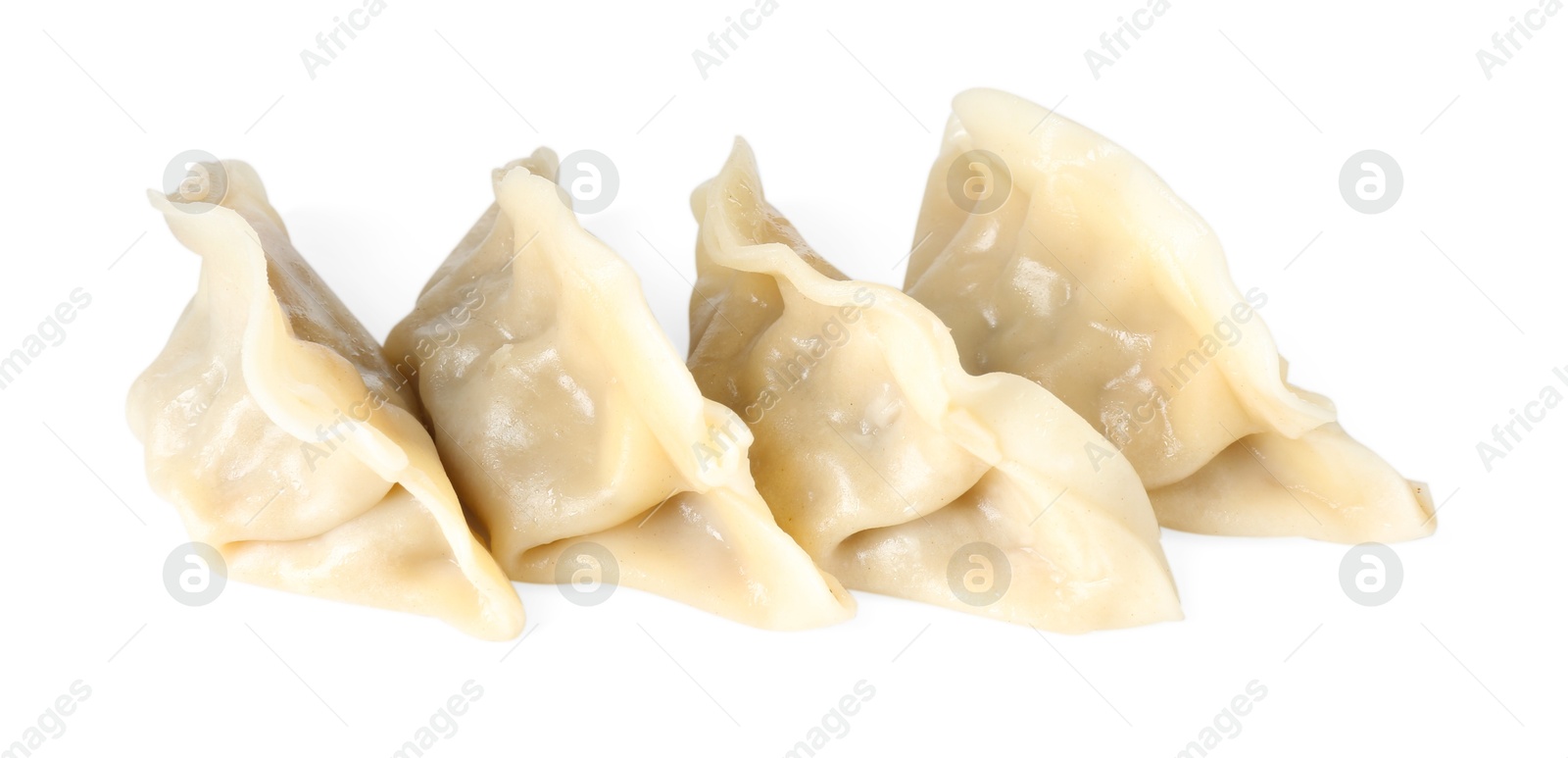 Photo of Tasty boiled gyoza (dumplings) isolated on white