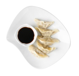 Photo of Tasty gyoza (dumplings) and soy sauce isolated on white, top view