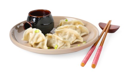 Photo of Tasty gyoza (dumplings), soy sauce and chopsticks isolated on white