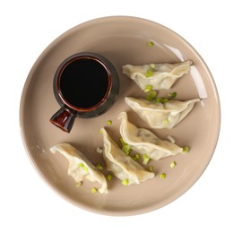 Photo of Tasty gyoza (dumplings) and soy sauce isolated on white, top view