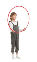 Photo of Cute little girl with hula hoop on white background