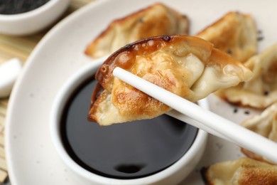 Photo of Eating fried gyoza dumplings at table, closeup