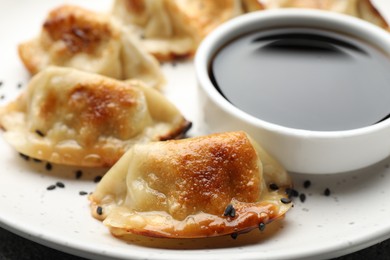 Photo of Fried gyoza dumplings with sesame seeds and soy sauce on table, closeup