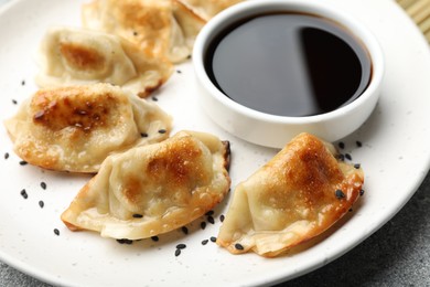 Photo of Fried gyoza dumplings with sesame seeds and soy sauce on table, closeup