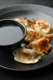 Photo of Fried gyoza dumplings with green onions, chili peppers and soy sauce on black table, closeup