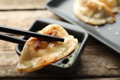 Photo of Eating fried gyoza dumplings at wooden table, closeup