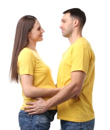 Photo of Pregnant woman and her husband on white background