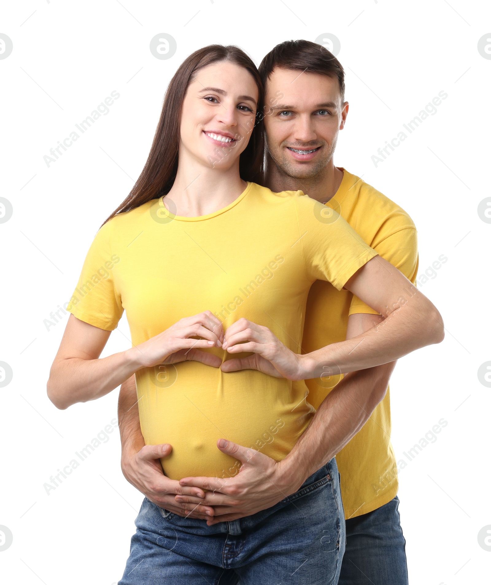 Photo of Pregnant woman and her husband on white background