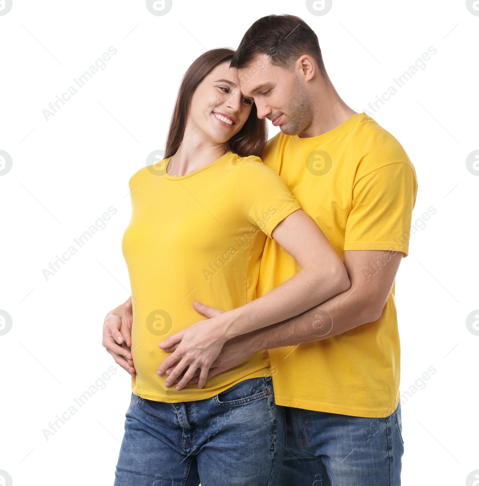 Photo of Pregnant woman and her husband on white background