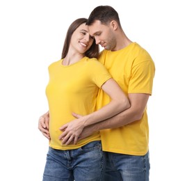 Photo of Pregnant woman and her husband on white background