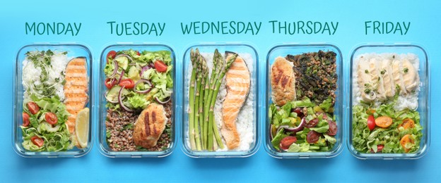 Image of Different healthy meals in containers organized by days of week on light blue background, top view. Daily ration