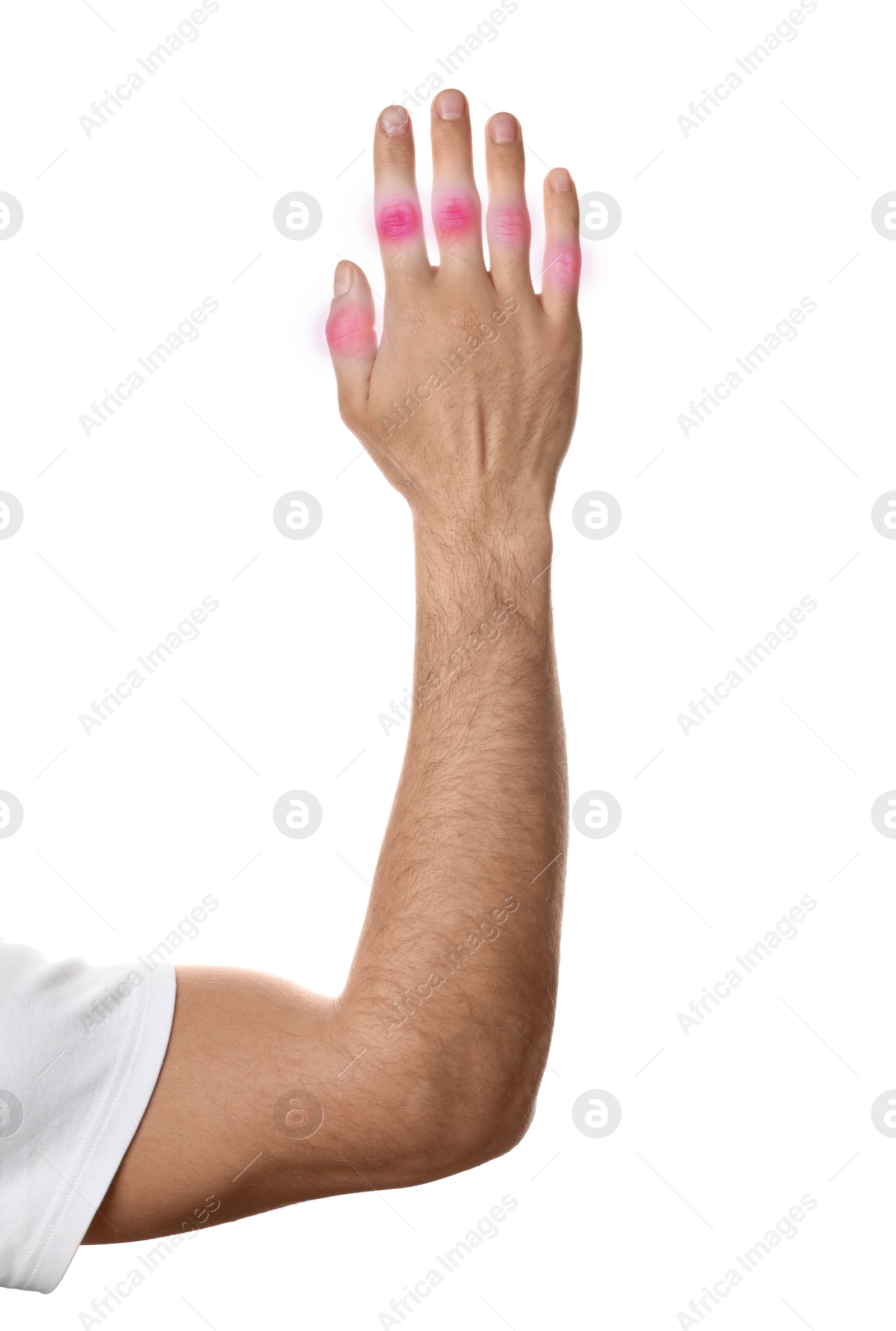 Image of Man with joint inflammation on white background, closeup. Highlighted areas on fingers