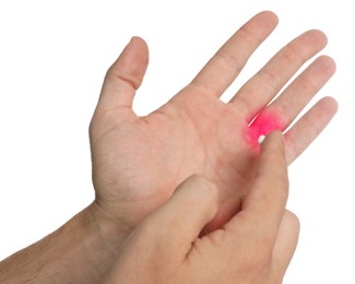 Image of Man with joint inflammation applying cream on white background, closeup