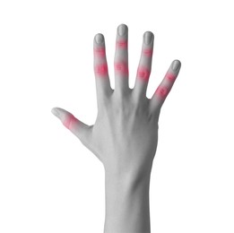 Image of Woman with joint inflammation on white background, closeup. Toned in black-and-white with color areas on fingers