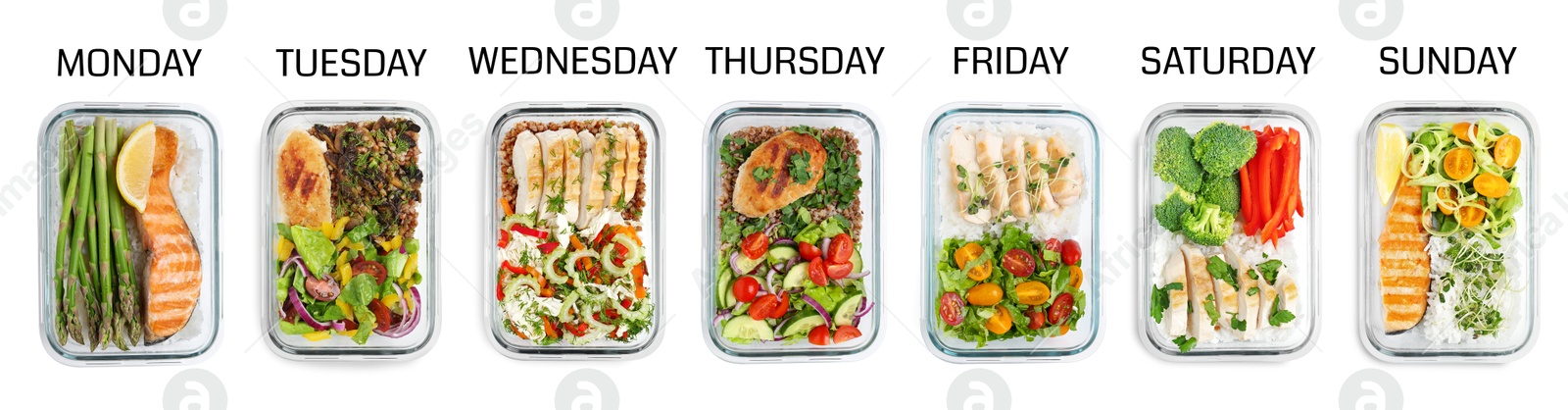 Image of Different healthy meals in containers organized by days of week on white background, top view. Daily ration