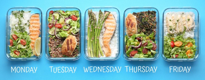 Image of Different healthy meals in containers organized by days of week on light blue background, top view. Daily ration