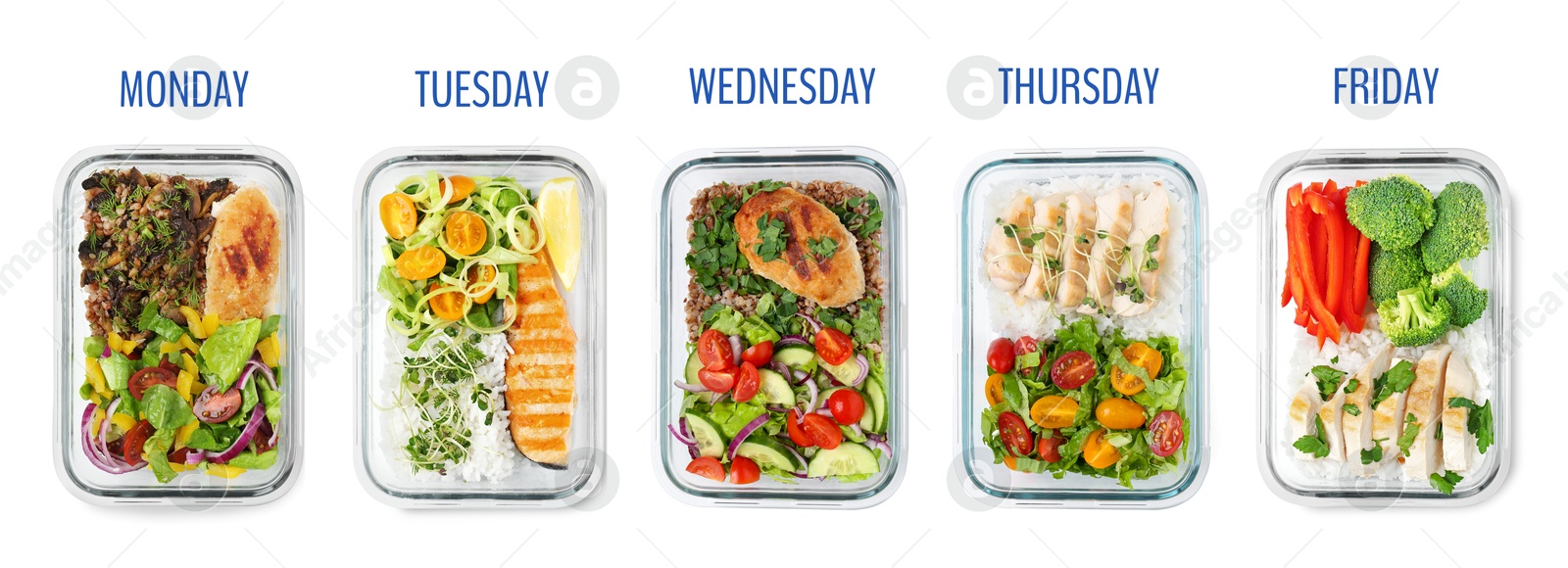 Image of Different healthy meals in containers organized by days of week on white background, top view. Daily ration