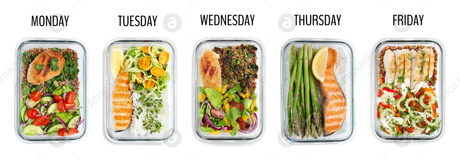 Image of Different healthy meals in containers organized by days of week on white background, top view. Daily ration