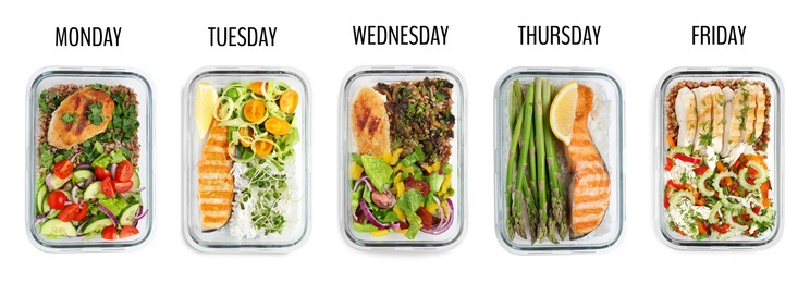 Image of Different healthy meals in containers organized by days of week on white background, top view. Daily ration