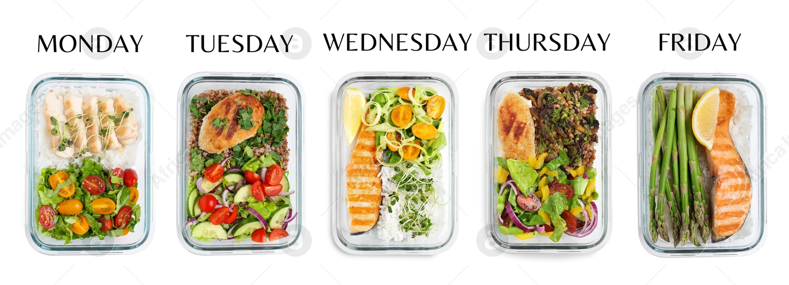 Image of Different healthy meals in containers organized by days of week on white background, top view. Daily ration