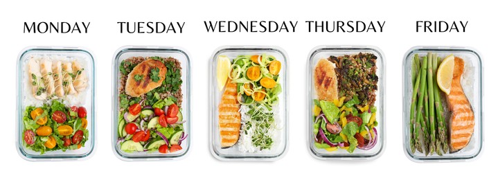 Image of Different healthy meals in containers organized by days of week on white background, top view. Daily ration