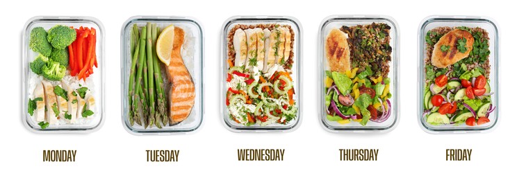 Image of Different healthy meals in containers organized by days of week on white background, top view. Daily ration