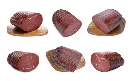 Image of Tasty fresh bresaola isolated on white, set