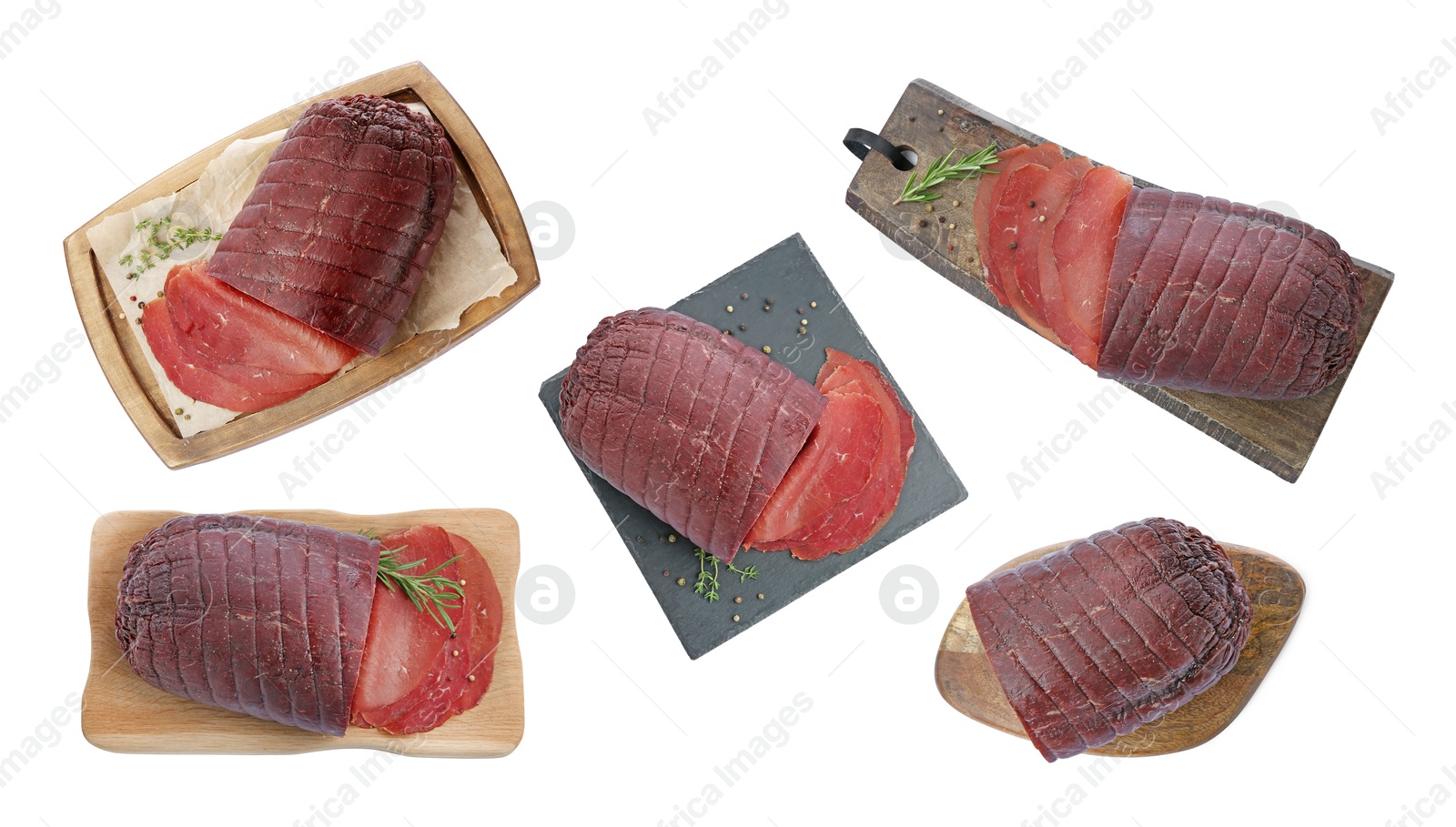 Image of Tasty fresh bresaola isolated on white, set. Top view