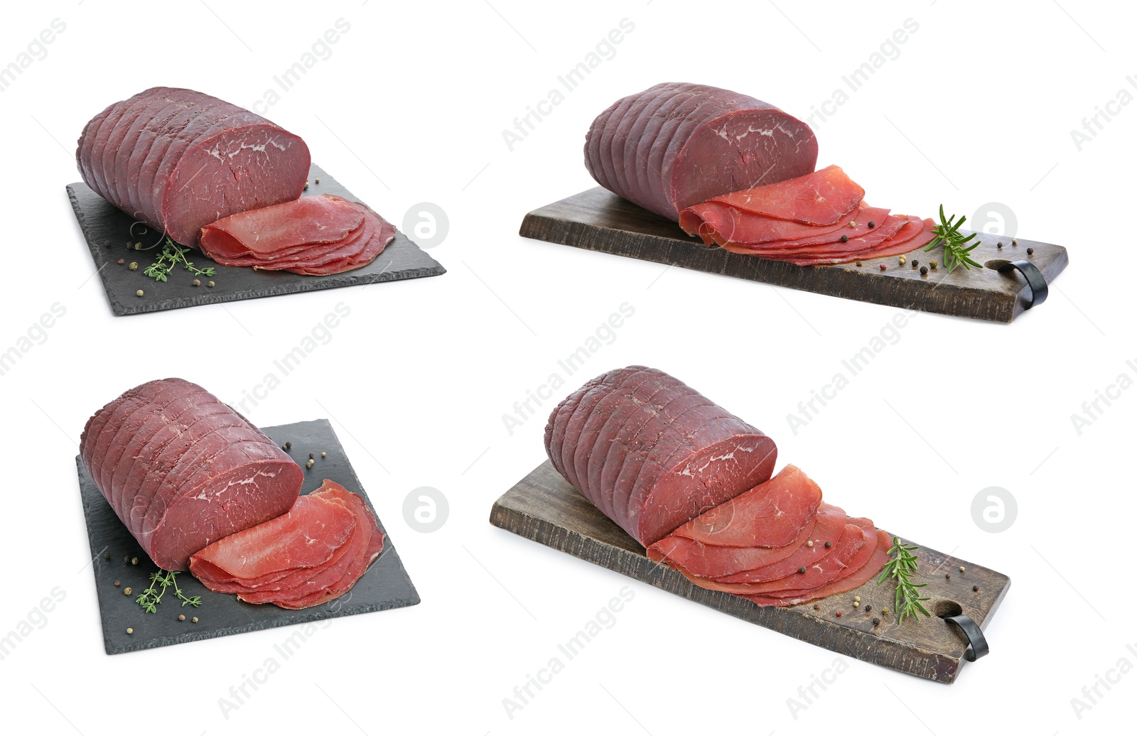 Image of Tasty fresh bresaola isolated on white, collage