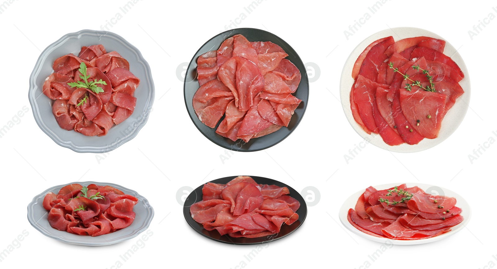 Image of Tasty fresh bresaola isolated on white, top and side views