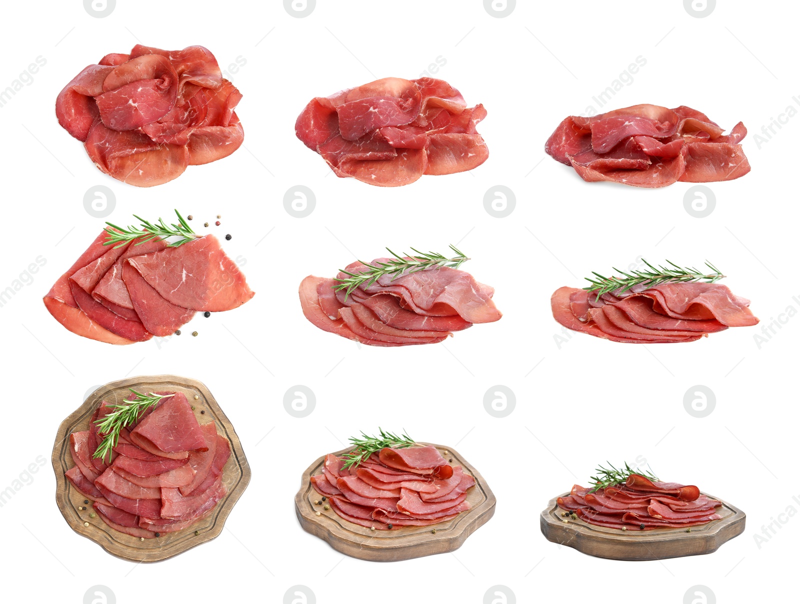 Image of Tasty fresh bresaola isolated on white, top and side views