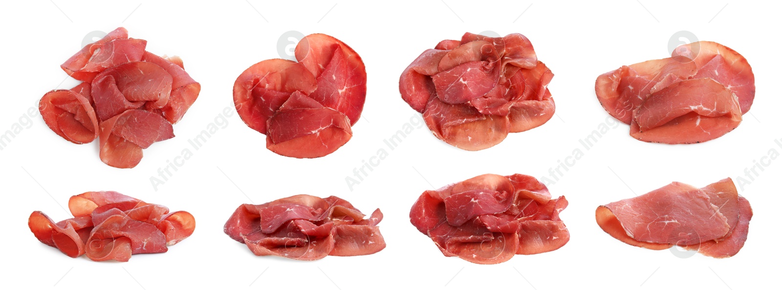 Image of Tasty fresh bresaola isolated on white, top and side views