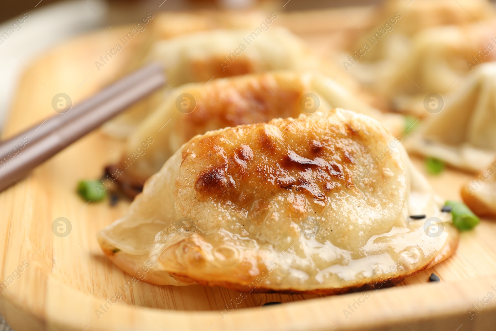 Photo of Delicious fried gyoza dumplings with green onions on table, closeup