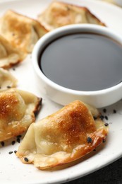 Photo of Fried gyoza dumplings with sesame seeds and soy sauce on table, closeup