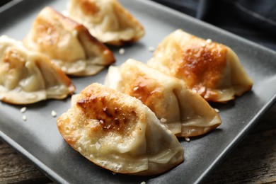 Photo of Fried gyoza dumplings with sesame seeds on wooden table, closeup