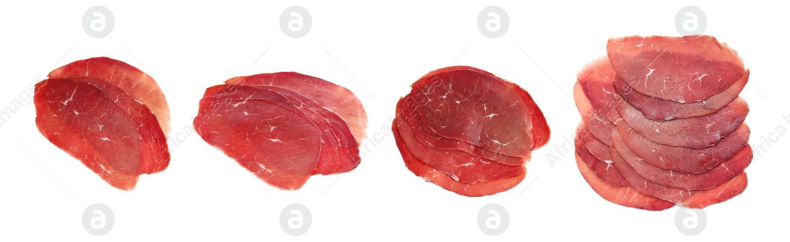 Image of Tasty fresh bresaola slices isolated on white, set