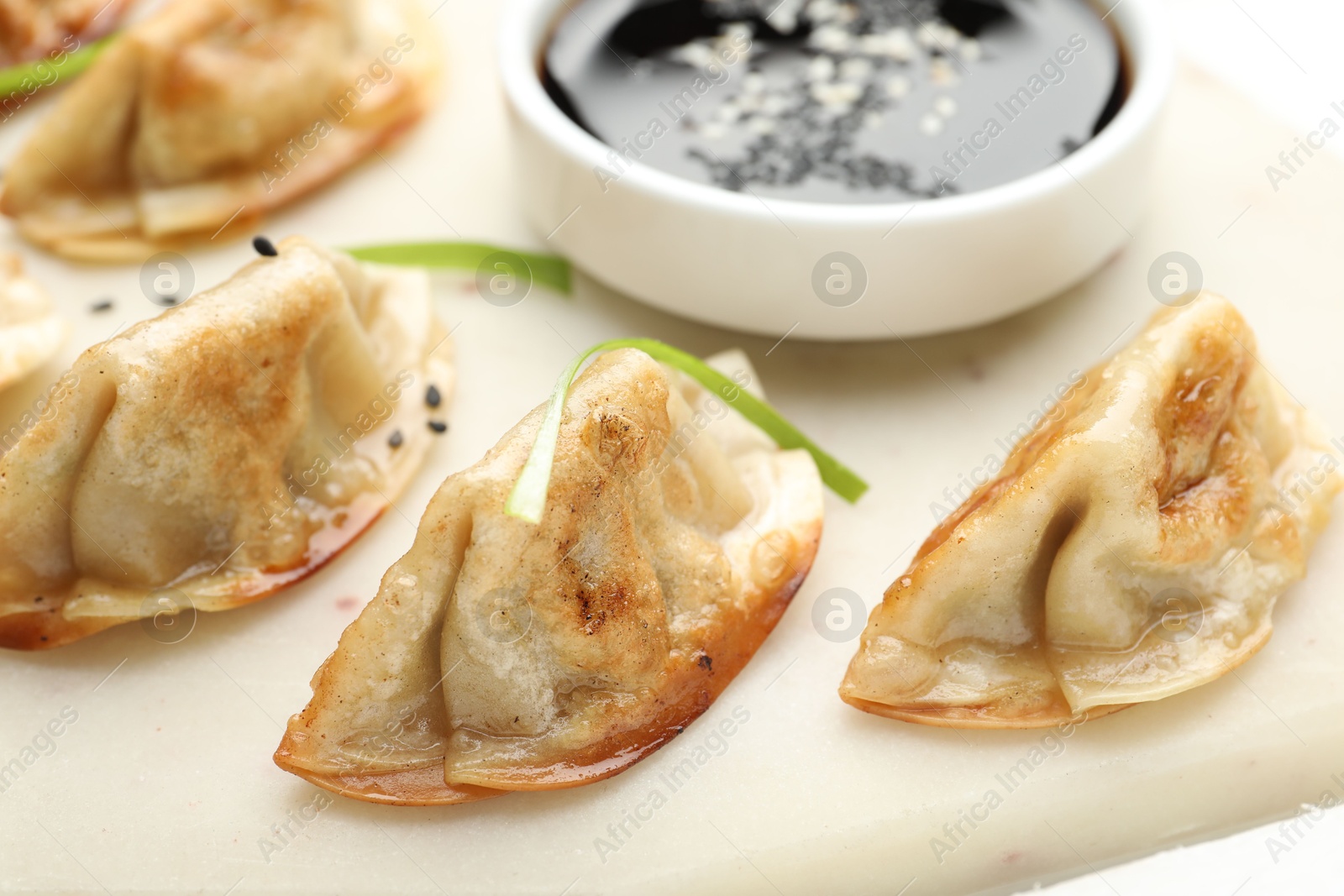 Photo of Fried gyoza dumplings with soy sauce on plate, closeup