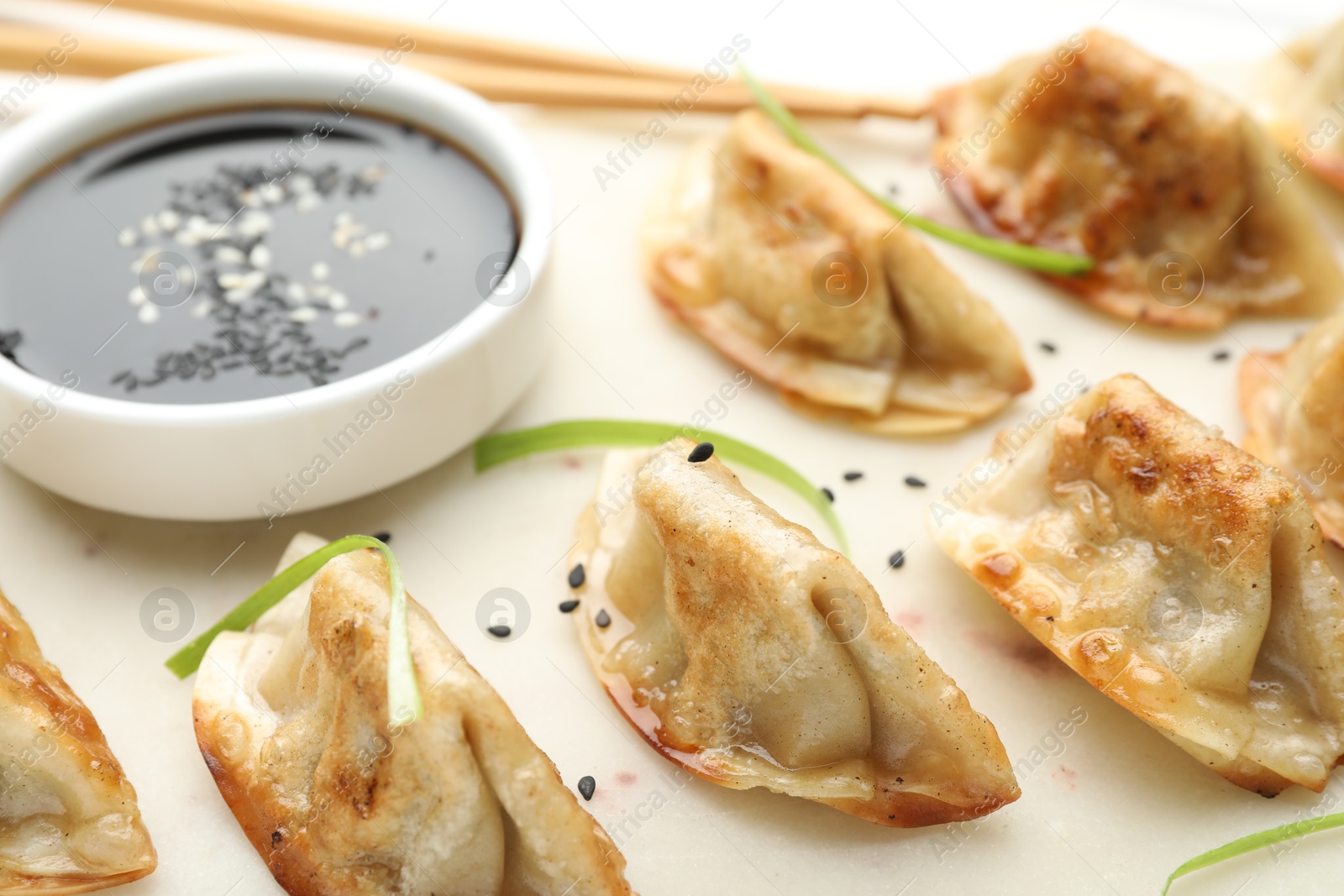 Photo of Fried gyoza dumplings with soy sauce on plate, closeup